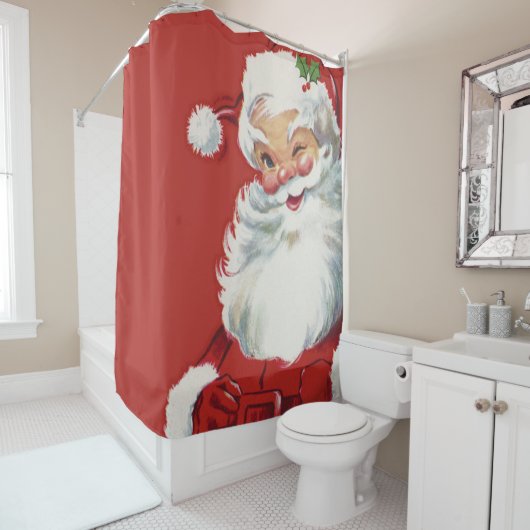 Vintage Kerstmis, Jolly Santa Claus Winking Douchegordijn (In situ)