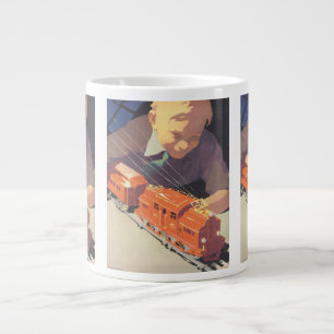 Vintage Kerstmis, jongen die speelt met speelgoedt Grote Koffiekop