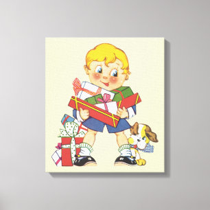 Vintage Kerstmis, Jongen met Cadeaus en Puppy Dog Canvas Afdruk