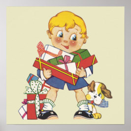 Vintage Kerstmis, Jongen met Cadeaus en Puppy Dog Poster