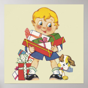 Vintage Kerstmis, Jongen met Cadeaus en Puppy Dog Poster