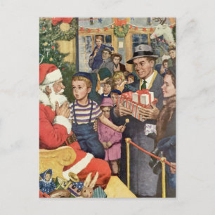 Vintage Kerstmis, jongen op kerstmantel Feestdagenkaart