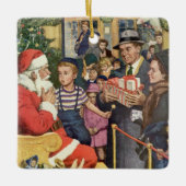 Vintage Kerstmis, jongen op kerstmantel Keramisch Ornament (Voorkant)