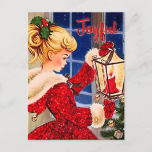 Vintage Kerstmis kaars lamp rood glitter meisje Briefkaart