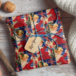 Vintage Kerstmis kaars lamp rood glitter meisje Cadeaupapier