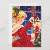 Vintage Kerstmis kaars lamp rood glitter meisje Feestdagenkaart (Voorkant)