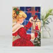 Vintage Kerstmis kaars lamp rood glitter meisje Feestdagenkaart (Staand voorkant)