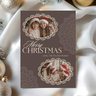 Vintage Kerstmis Kanten Twee Foto's Feestdagenkaart