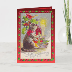 Vintage Kerstmis, Kat en decoraties Feestdagen Kaart