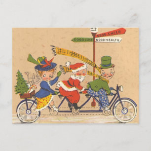 Vintage Kerstmis, kerstman die een fiets bestuurt Feestdagenkaart
