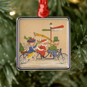 Vintage Kerstmis, kerstman die een fiets bestuurt Metalen Ornament