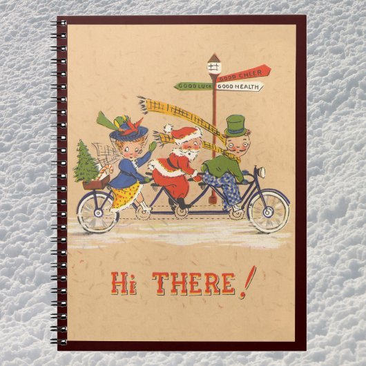 Vintage Kerstmis, kerstman die een fiets bestuurt Notitieboek