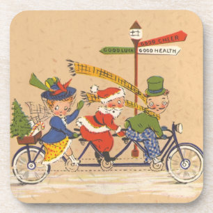 Vintage Kerstmis, kerstman die een fiets bestuurt Onderzetter