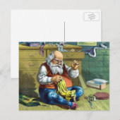 Vintage Kerstmis, kerstman die Speelgoed Dolls maa Feestdagenkaart (Voorkant / Achterkant)