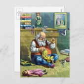 Vintage Kerstmis, kerstman die Speelgoed Dolls maa Feestdagenkaart (Voorkant / Achterkant)