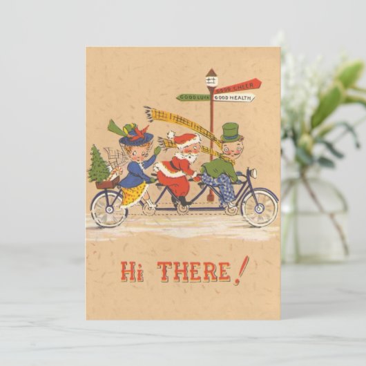 Vintage Kerstmis, Kerstman Fiets uitnodiging (Staand voorkant)