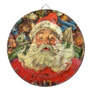 Vintage Kerstmis, kerstman in Sleigh met speelgoed Dartbord