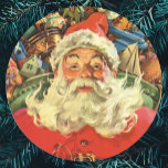 Vintage Kerstmis, kerstman in Sleigh met speelgoed Ronde Sticker<br><div class="desc">illustratie Merry kerstvakantie-afbeelding met een jongledige kerstman die zijn mouw met een zak vol games,  speelgoed en poppen voert. Je ziet de lange witte baard van de Kerstman in de wind waaien!</div>