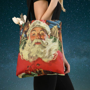 Vintage Kerstmis, kerstman in Sleigh met speelgoed Tote Bag