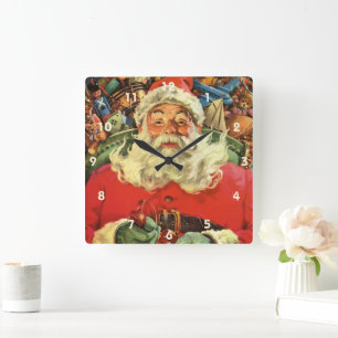 Vintage Kerstmis, kerstman in Sleigh met speelgoed Vierkante Klok