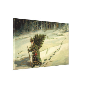 Vintage Kerstmis, kerstman met een boom Canvas Afdruk