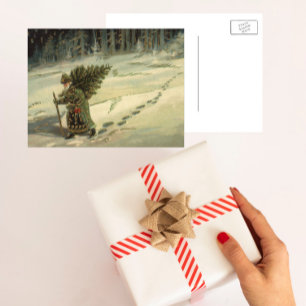 Vintage Kerstmis, kerstman met een boom Feestdagenkaart
