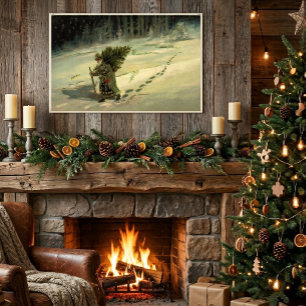 Vintage Kerstmis, kerstman met een boom Poster
