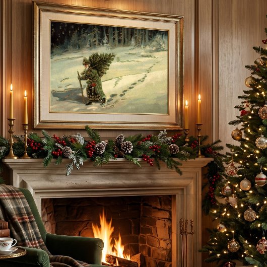 Vintage Kerstmis, kerstman met een boom Poster