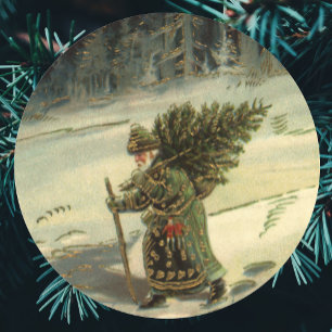 Vintage Kerstmis, kerstman met een boom Ronde Sticker