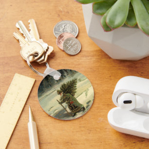 Vintage Kerstmis, kerstman met een boom Sleutelhanger