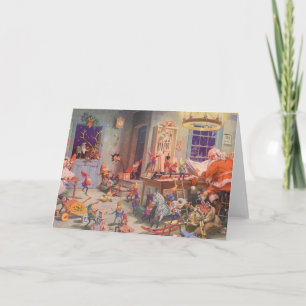 Vintage Kerstmis, kerstman met Elves Workshop Feestdagen Kaart