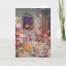 Vintage Kerstmis, kerstman met Elves Workshop Feestdagen Kaart
