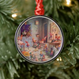 Vintage Kerstmis, kerstman met Elves Workshop Metalen Ornament