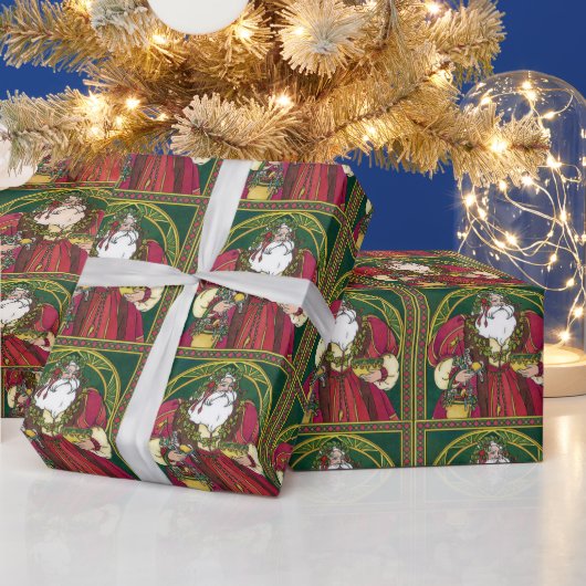 Vintage Kerstmis, kerstman met Holly Leaves Cadeaupapier (Feestdagen)