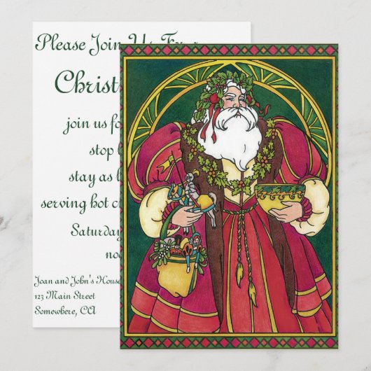 Vintage Kerstmis, kerstman met Holly Leaves Kaart (Voorkant / Achterkant)