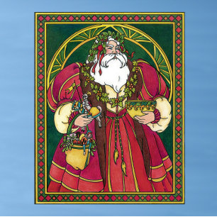 Vintage Kerstmis, kerstman met Holly Leaves Poster