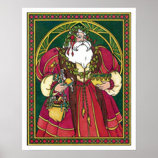 Vintage Kerstmis, kerstman met Holly Leaves Poster (Voorkant)