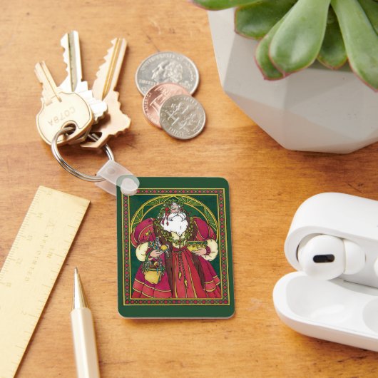 Vintage Kerstmis, kerstman met Holly Leaves Sleutelhanger (Bureau)