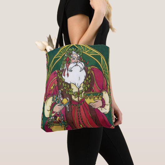 Vintage Kerstmis, kerstman met Holly Leaves Tote Bag (Dichtbij)