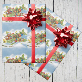 Vintage Kerstmis, kerstman vliegend vliegtuig Cadeaupapier