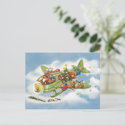 Vintage Kerstmis, kerstman vliegend vliegtuig Feestdagenkaart (Staand voorkant)
