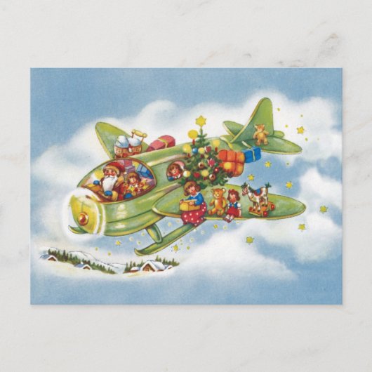 Vintage Kerstmis, kerstman vliegend vliegtuig Feestdagenkaart (Voorkant)
