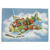 Vintage Kerstmis, kerstman vliegend vliegtuig Groot Cadeauzakje (Achterkant)