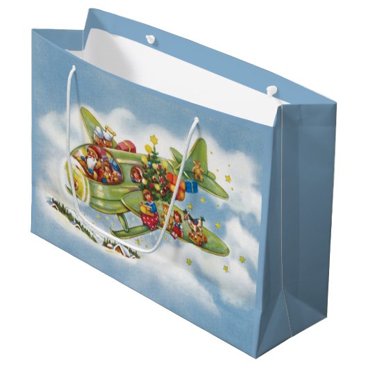 Vintage Kerstmis, kerstman vliegend vliegtuig Groot Cadeauzakje (Voorkant Gekanteld)