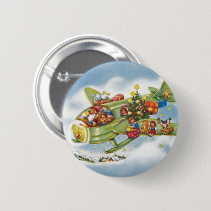 Vintage Kerstmis, kerstman vliegend vliegtuig Ronde Button 5,7 Cm