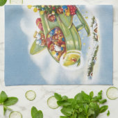 Vintage Kerstmis, kerstman vliegend vliegtuig Theedoek (Gevouwen)