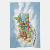 Vintage Kerstmis, kerstman vliegend vliegtuig Theedoek (Verticaal)