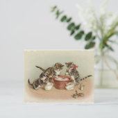 Vintage Kerstmis, keukenkatten die pudding maken Feestdagenkaart (Staand voorkant)