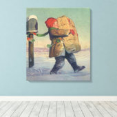 Vintage Kerstmis, kind met groot pakket Canvas Afdruk (Insitu (Houten vloer))