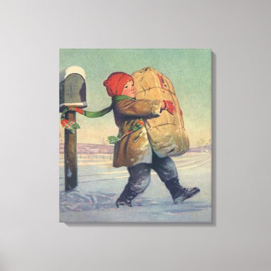 Vintage Kerstmis, kind met groot pakket Canvas Afdruk (Voorkant)